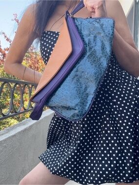 Teal Croc-Embossed Engel Clutch Tan & Purple Colorblock 4 Compartments New!
